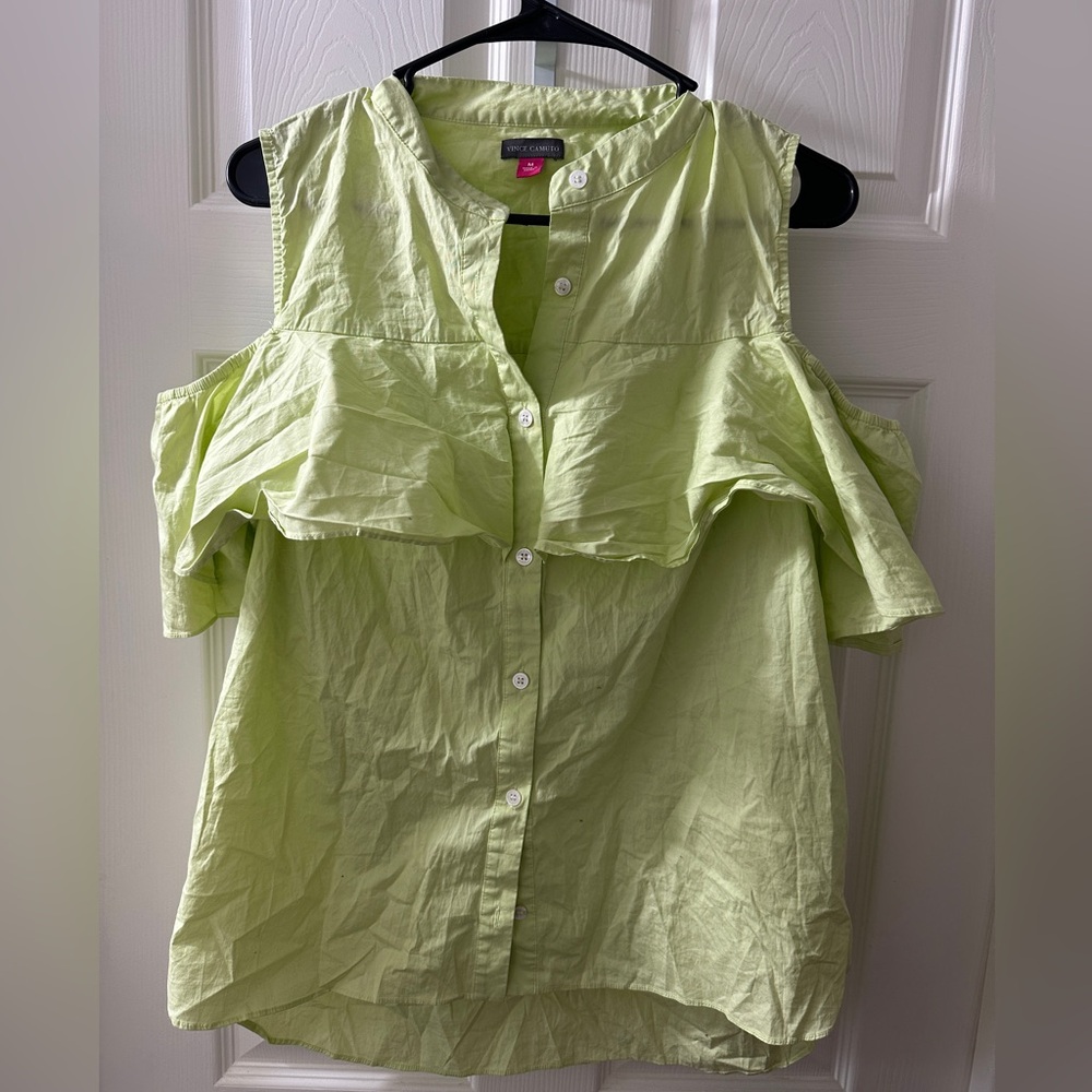 Vince Camuto Cold Shoulder Ruffle Button Down Top – Light Lime Green, Size M